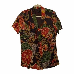 Dana Buchman Women’s XL Sheer Floral Blouse Top Short Sleeve Boho Tropical Print